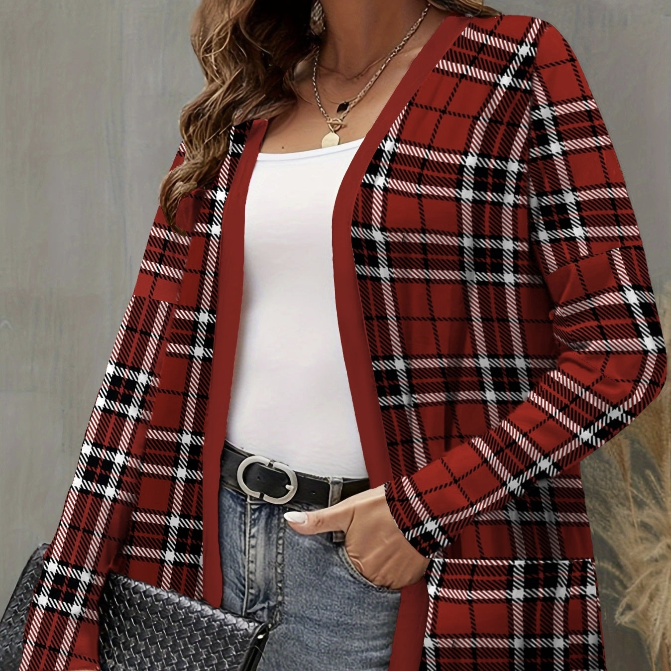 Ladies' Autumn And Winter New Fashionable Checkered Patchwork Printed Long Sleeved Knitted Cardigan Jacket