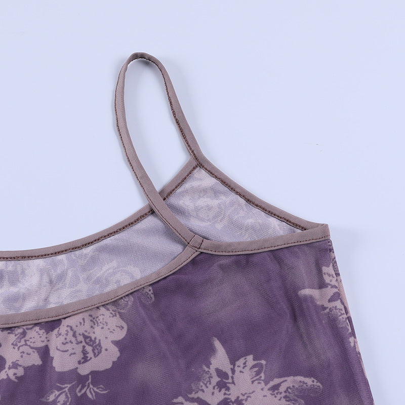 Aesthetic Purple Printed Notched Sleeveless Camisole
