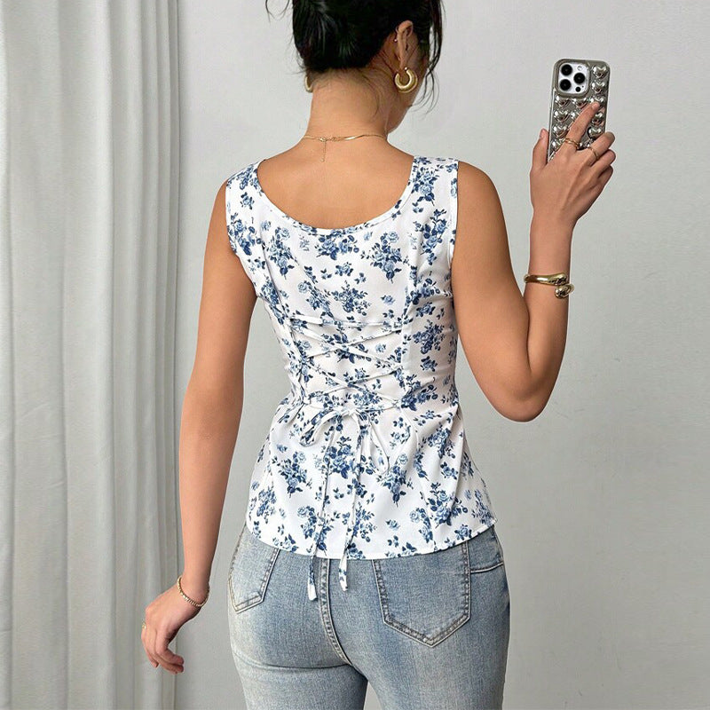 Vacation Style Floral Small Vest Sling Top Drawstring