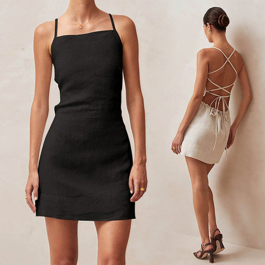 Short Hip Skirt Low Collar Lace Up Slim Fit Dress Women