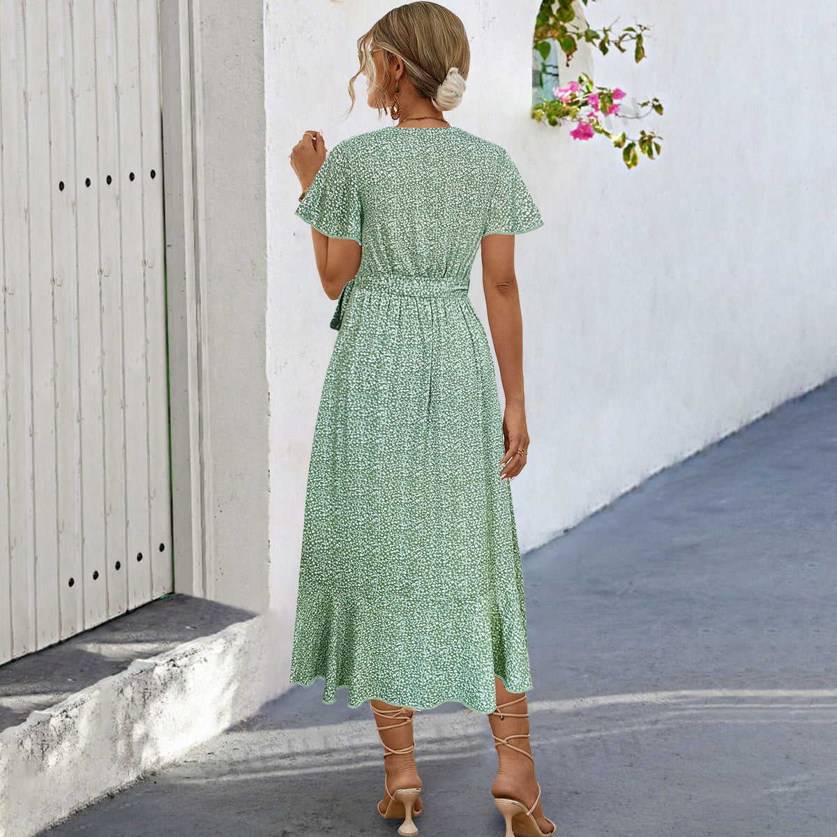 Women's Bohemian Cross V-neck Tie-shoulder Floral Long Dress