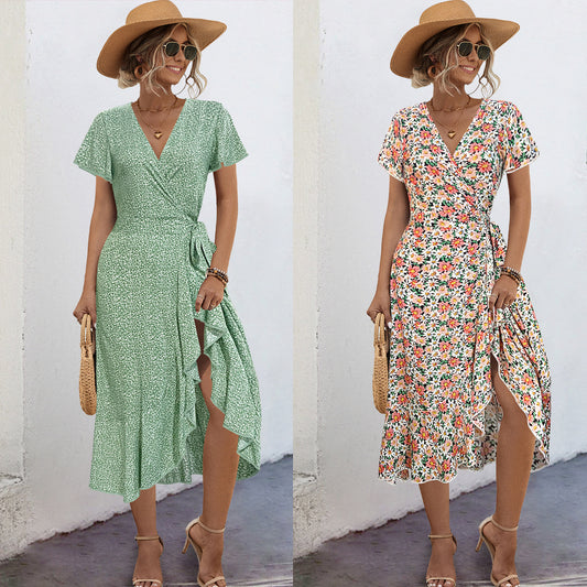 Women's Bohemian Cross V-neck Tie-shoulder Floral Long Dress