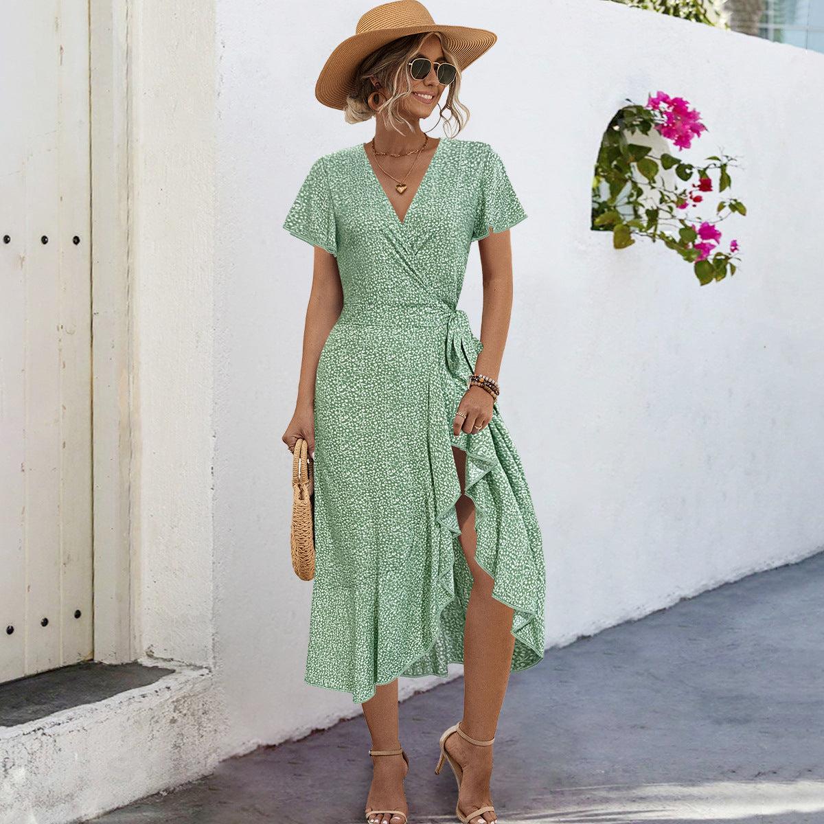 Women's Bohemian Cross V-neck Tie-shoulder Floral Long Dress