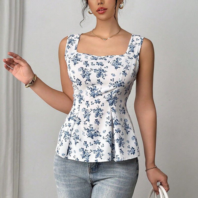 Vacation Style Floral Small Vest Sling Top Drawstring
